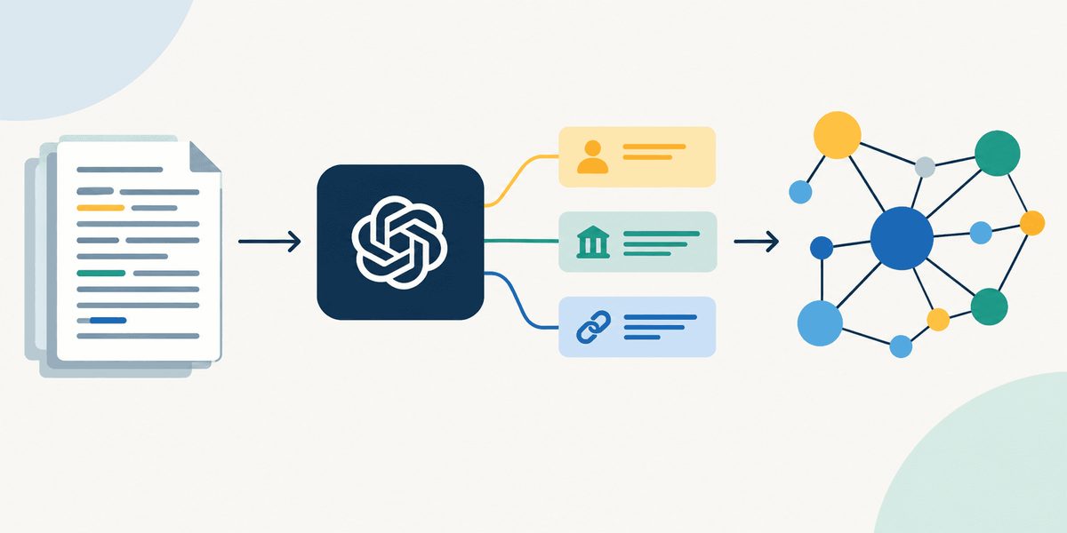 Ilustrasi bagaimana sebuah model bahasa mengekstrak entitas dan relasi dari teks tak terstruktur menjadi knowledge graph